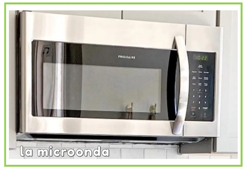 Spanish vocabulary flashcard labeled 'la microonda' (microwave), showing a microwave with a side keypad