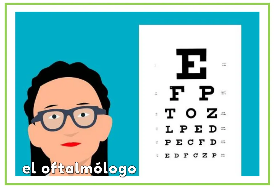Spanish vocabulary flashcard labeled “el oftalmólogo” (ophthalmologist), with glasses and an eye chart