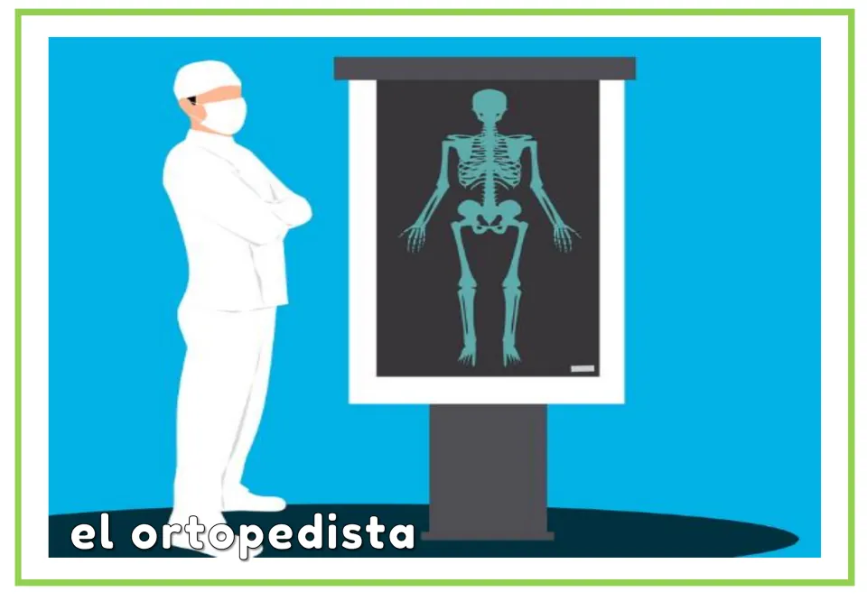 Spanish vocabulary flashcard labeled “el ortopedista” (orthopedist), with a doctor and skeleton display