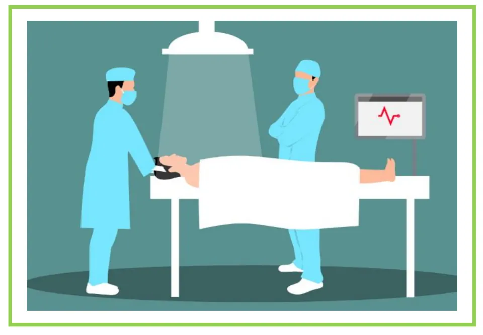 Picture-only Spanish vocabulary flashcard for surgeon, showing two medical workers and a patient on a table