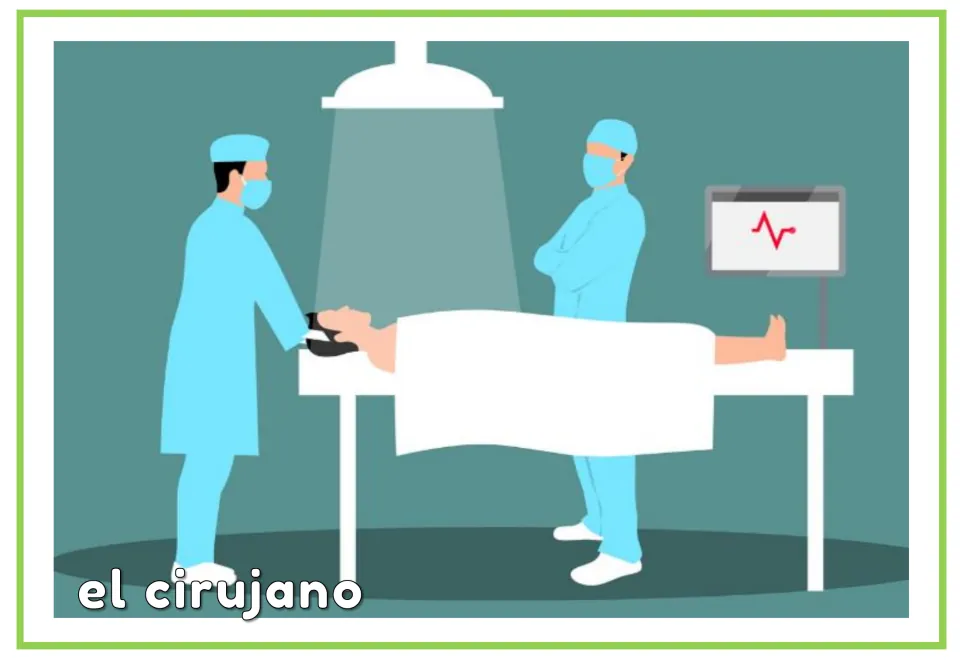 Spanish vocabulary flashcard labeled “el cirujano” (surgeon), showing medical workers beside a patient