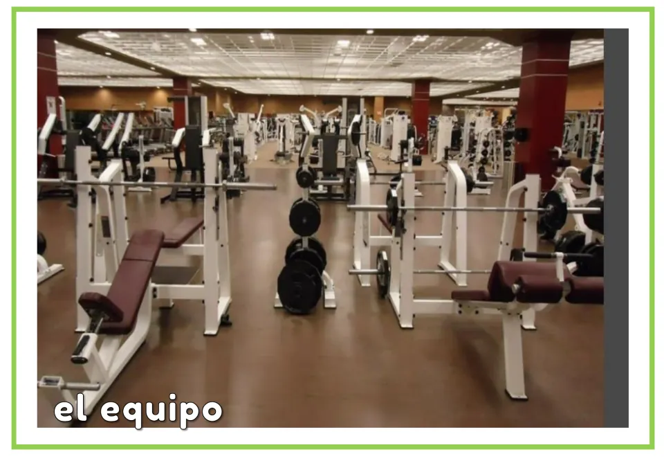 Spanish gym vocabulary flashcard labeled 'el equipo' (the equipment), showing weight benches and barbells