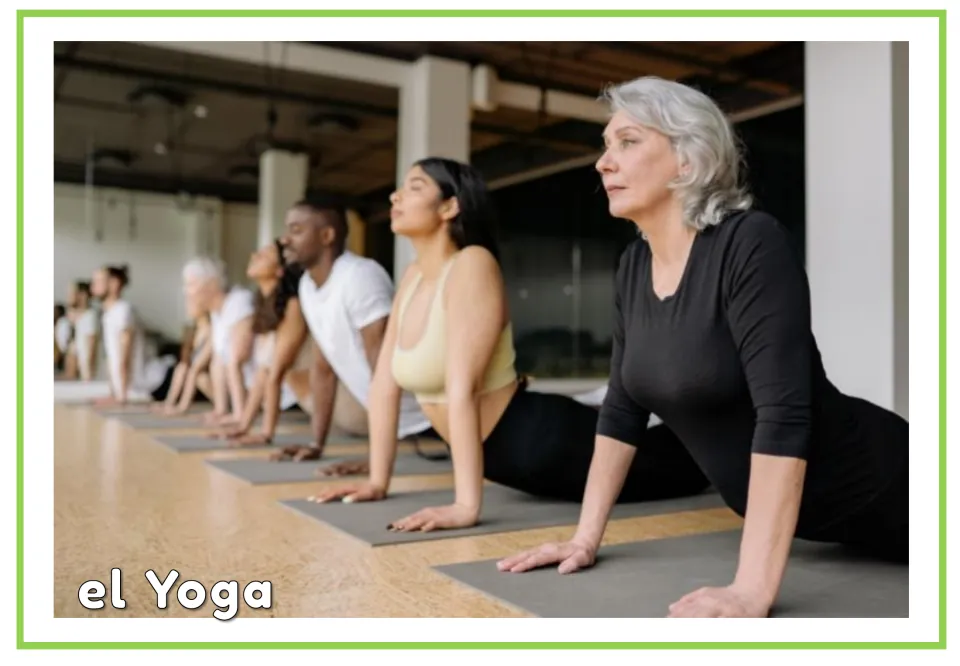 Spanish gym vocabulary flashcard labeled 'el Yoga' (yoga), showing a group stretching on exercise mats