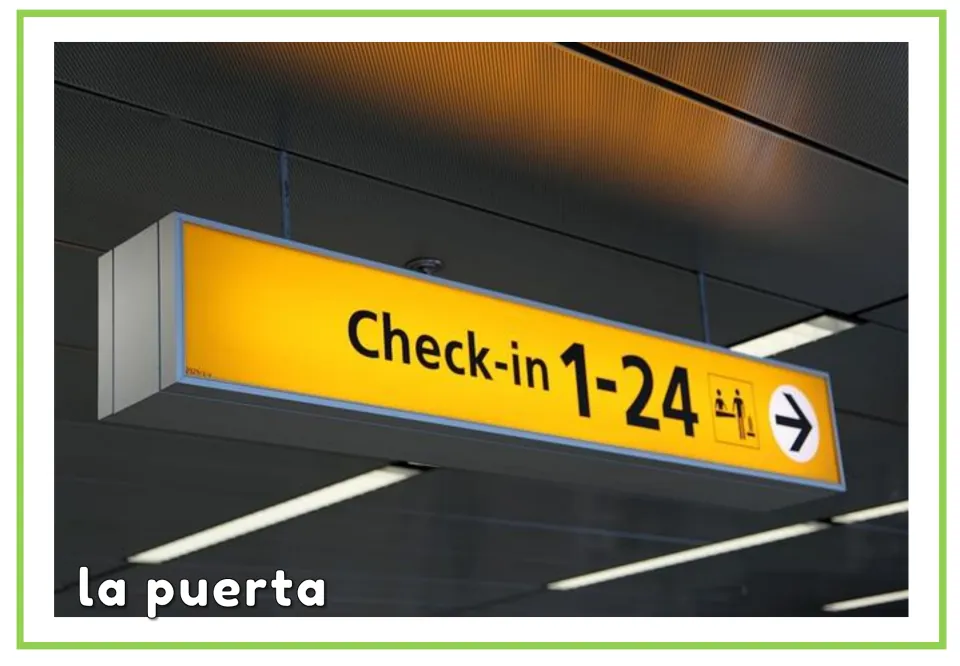 Spanish airport vocabulary card labeled “la puerta” (gate), showing a check-in sign for counters 1–24