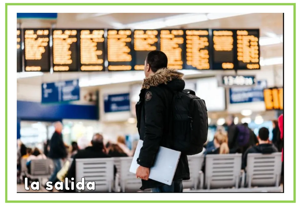 Spanish airport vocabulary card labeled “la salida” (departure), showing a traveler beneath flight boards