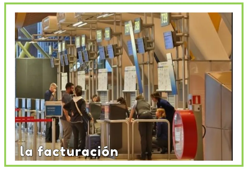 Spanish airport vocabulary card labeled “la facturación” (check-in), showing passengers at airport counters