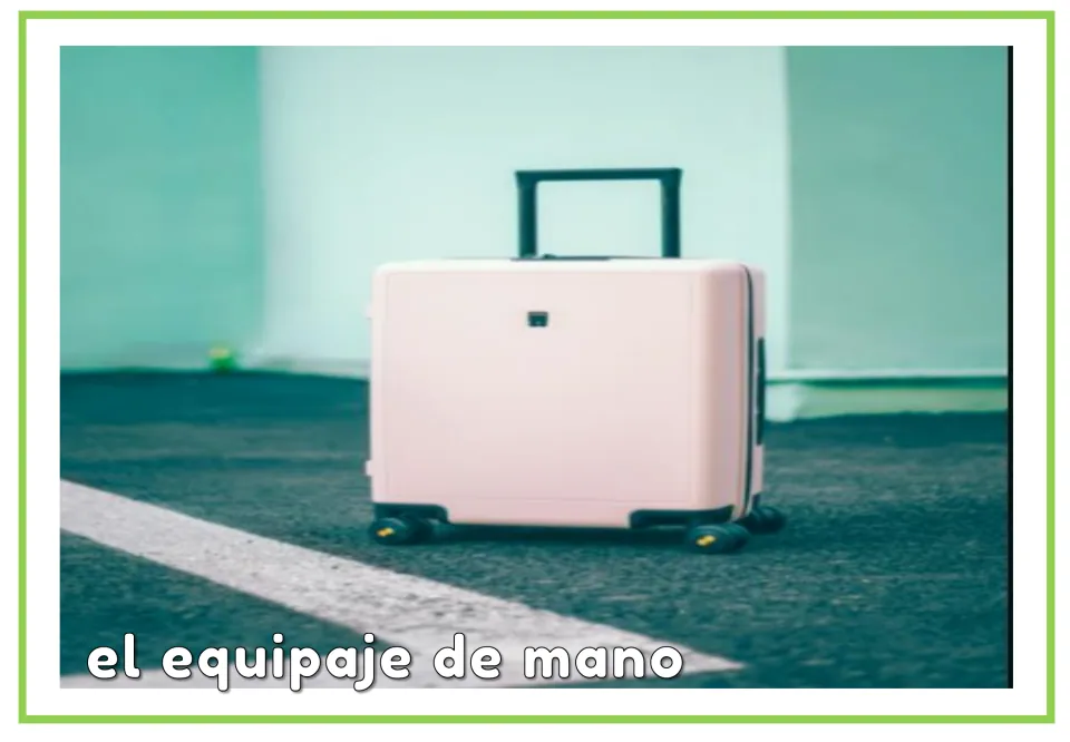 Spanish airport vocabulary card labeled “el equipaje de mano” (carry-on luggage), showing a pink suitcase