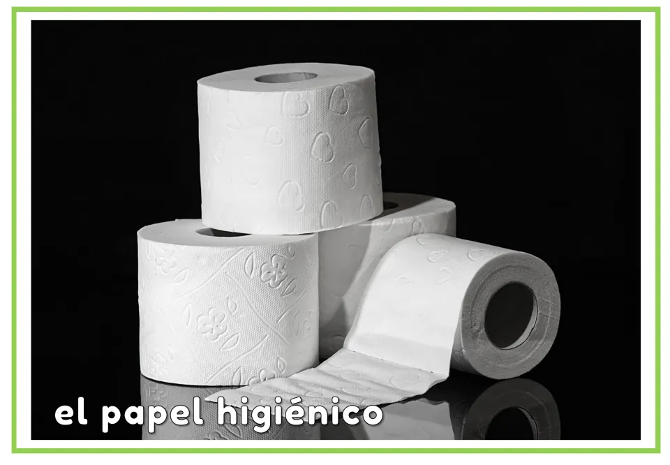Spanish hygiene vocabulary flashcard labeled 'el papel higiénico' (toilet paper), showing toilet paper rolls