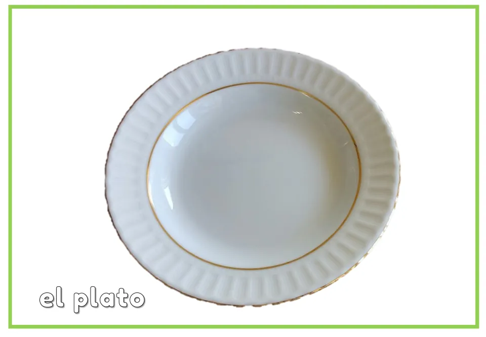 Spanish kitchen vocabulary flashcard showing a plate labeled 'el plato' (plate), paired with its unlabeled card