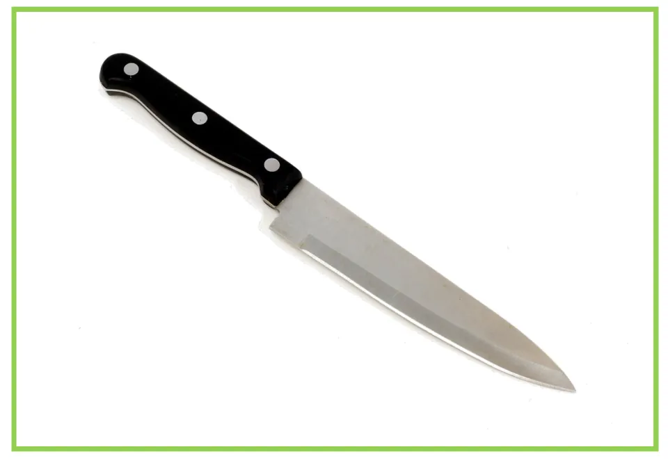 Spanish kitchen vocabulary flashcard showing a knife without a label, paired with the labeled knife card
