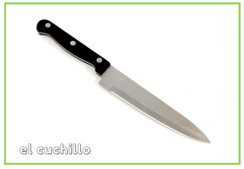 Spanish kitchen vocabulary flashcard showing a knife labeled 'el cuchillo' (knife), paired with its unlabeled card