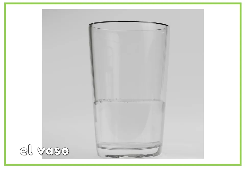 Spanish kitchen vocabulary flashcard showing a glass labeled 'el vaso' (glass), paired with its unlabeled card