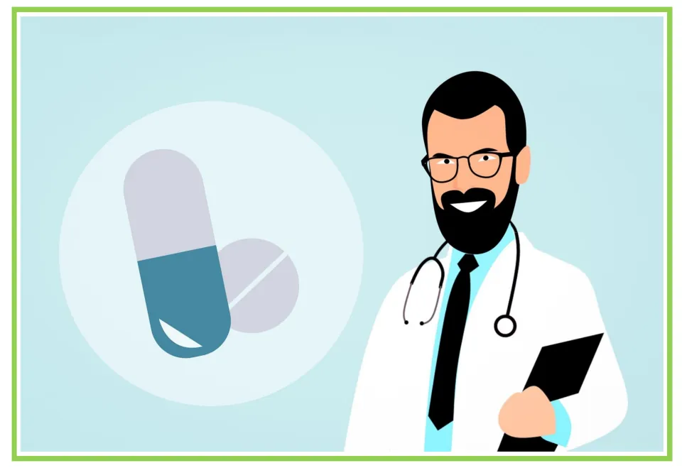 Picture-only Spanish pharmacy vocabulary flashcard showing a pharmacist beside a capsule and a tablet