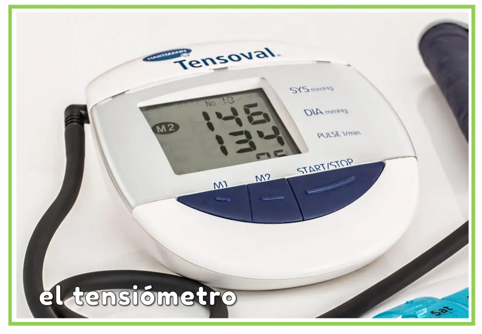 Spanish pharmacy vocabulary flashcard labeled 'el tensiómetro' (blood pressure monitor), showing the device