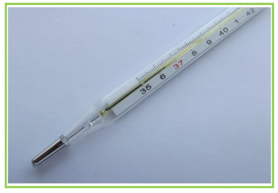 Picture-only Spanish pharmacy vocabulary flashcard showing a glass thermometer with a numbered scale