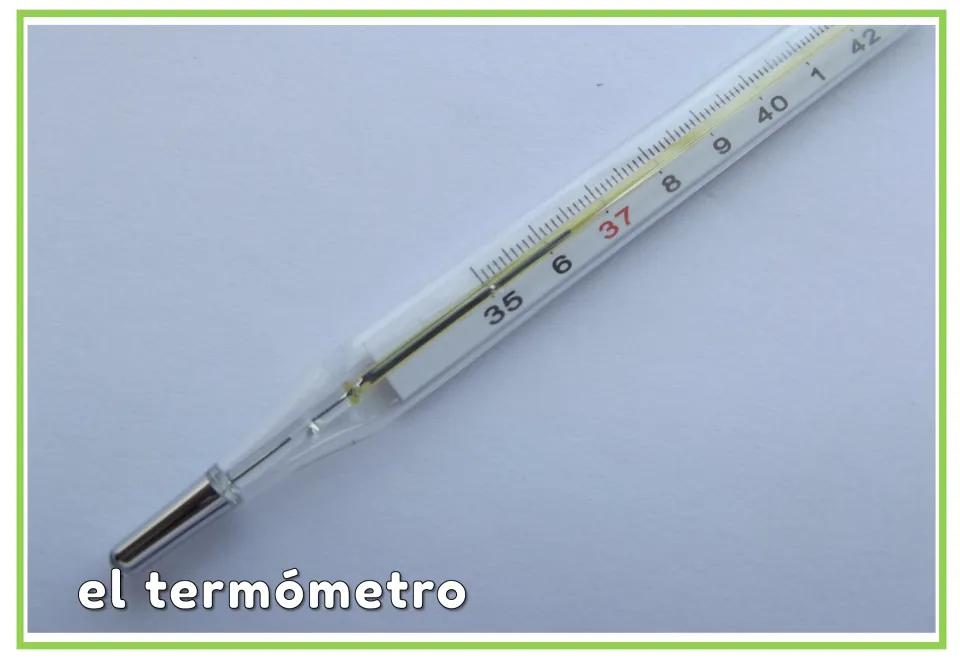 Spanish pharmacy vocabulary flashcard labeled 'el termómetro' (thermometer), showing a glass thermometer