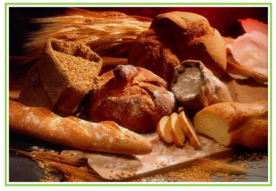 Picture-only Spanish bakery vocabulary flashcard showing assorted breads beside wheat, grain, and flour