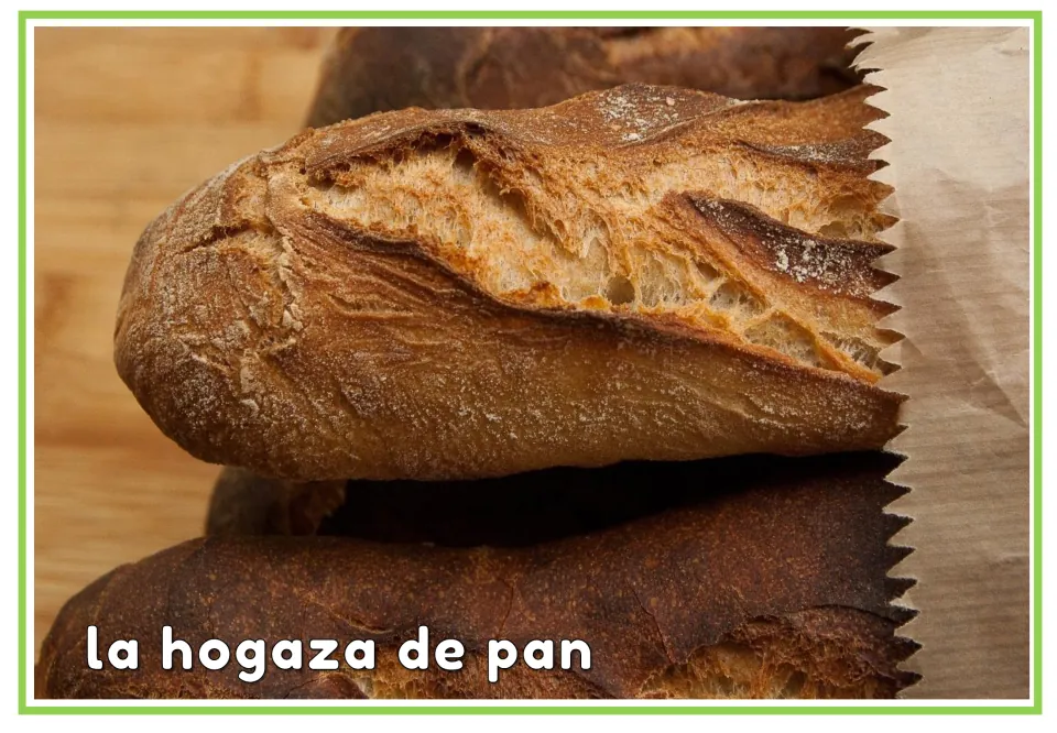 Spanish bakery vocabulary flashcard labeled 'la hogaza de pan' (loaf of bread), showing crusty bread loaves