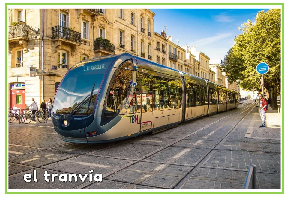 Spanish transportation flashcard labeled 'el tranvía' (tram), showing the same city tram as page 3
