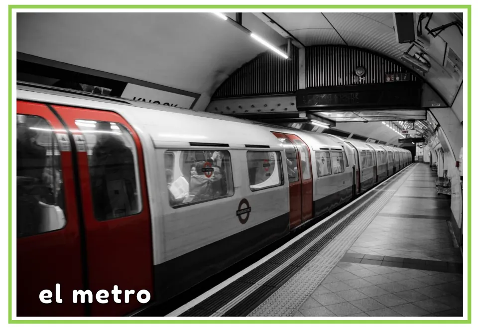 Spanish transportation flashcard labeled 'el metro' (subway), showing the same subway train as page 5