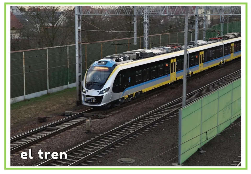 Spanish transportation flashcard labeled 'el tren' (train), showing the same passenger train as page 7