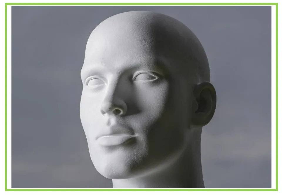 Spanish body parts flashcard, unlabeled: photo of a white mannequin head for students to name the word in Spanish