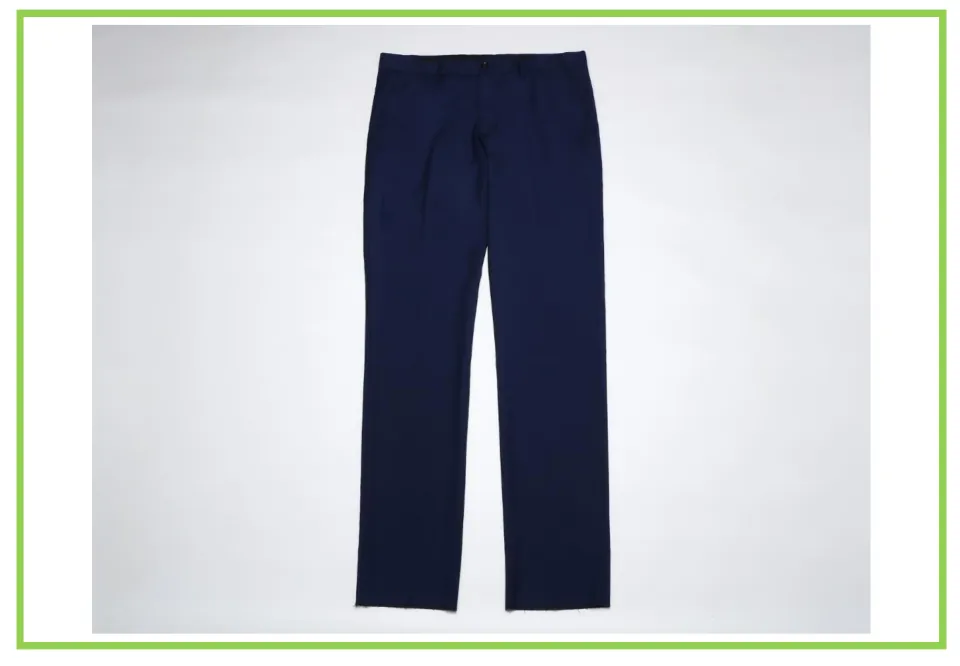 Unlabeled clothing picture card: photo of plain navy dress trousers laid flat, for students to say the Spanish word