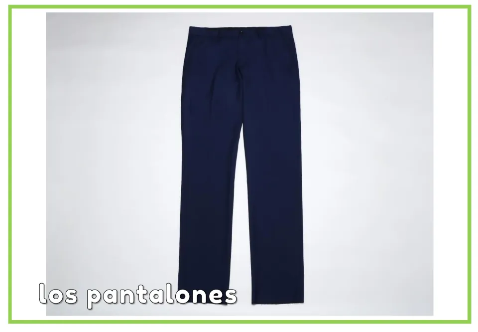 Clothing vocabulary card labeled "los pantalones" with a photo of navy trousers, showing the plural article with the noun