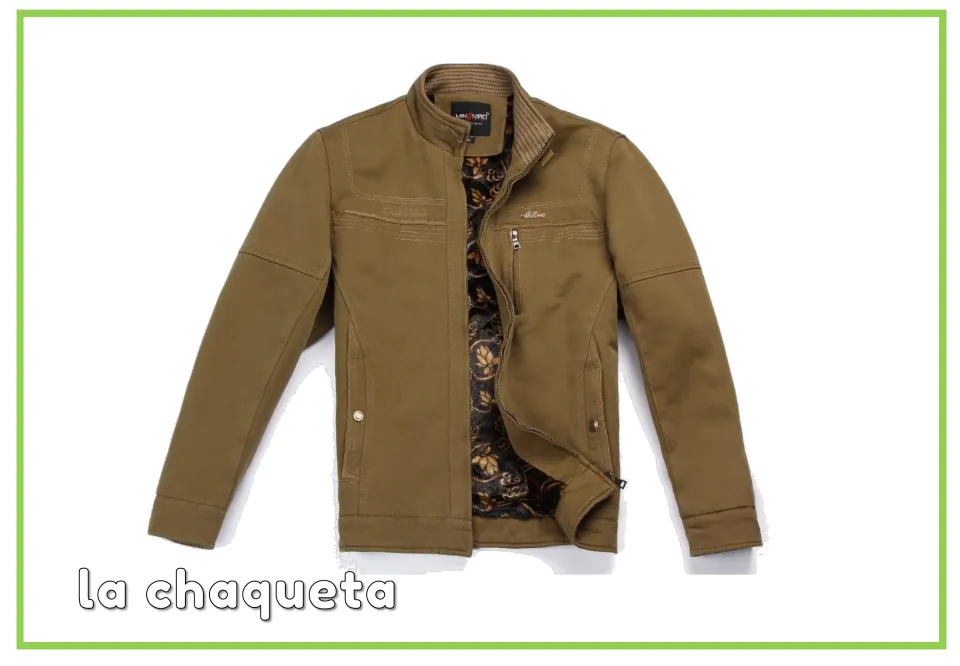 Clothing flashcard labeled "la chaqueta" with a photo of a tan zip-up jacket, linking the Spanish word to the picture