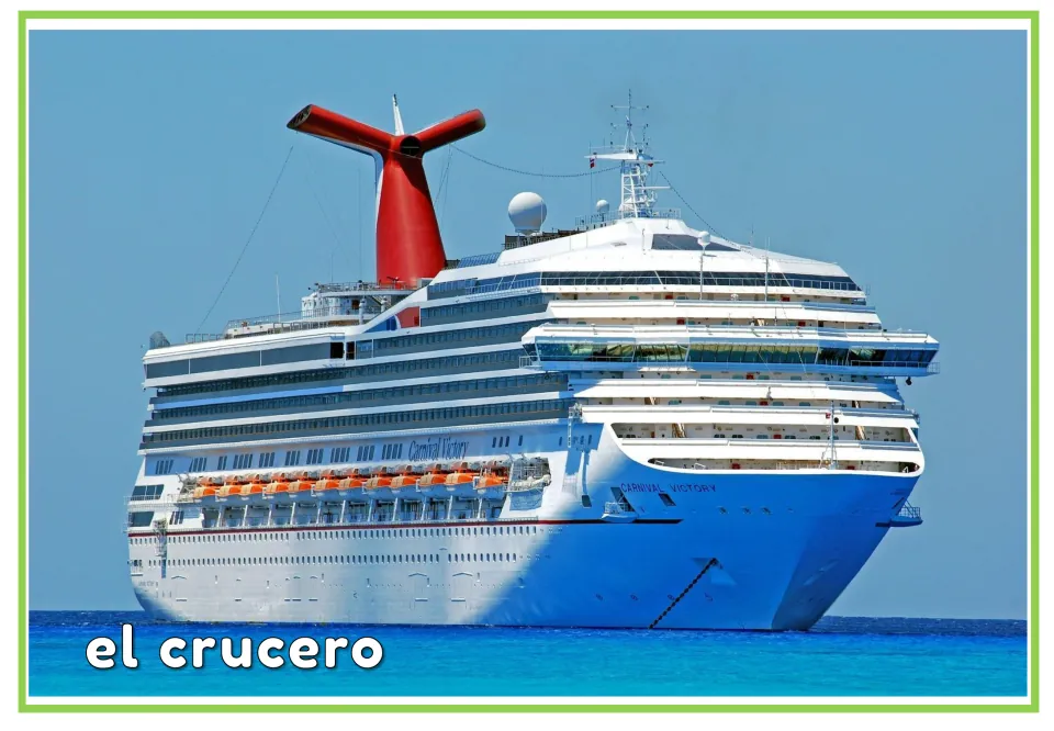 Spanish vocabulary flashcard labeled el crucero (cruise ship), using the same ship photograph as page 1