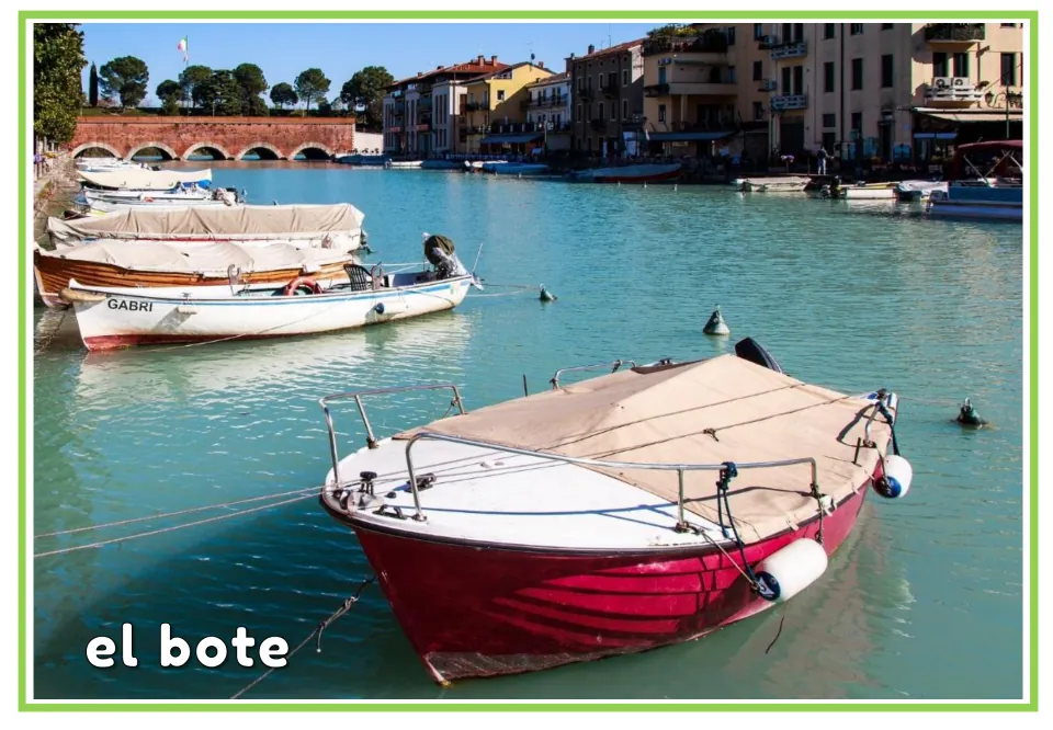 Spanish vocabulary flashcard labeled el bote (boat), showing the same red boat in a harbor as page 3