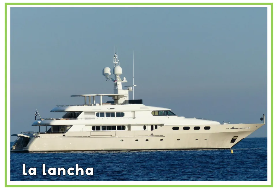 Spanish vocabulary flashcard labeled la lancha (motorboat), showing the same white motor yacht as page 5