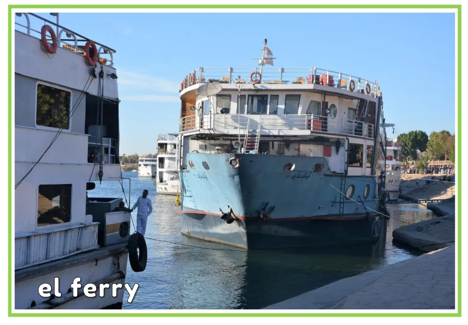 Spanish vocabulary flashcard labeled el ferry (ferry), showing the same docked passenger vessel as page 7