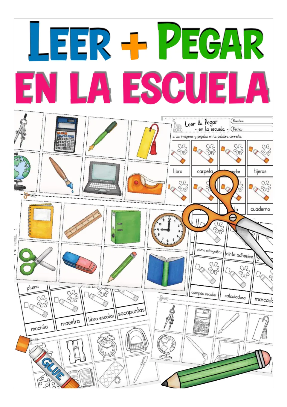 Leer + Pegar en la escuela cover: color and black-and-white Spanish school supply cut-and-paste sheets with picture cards