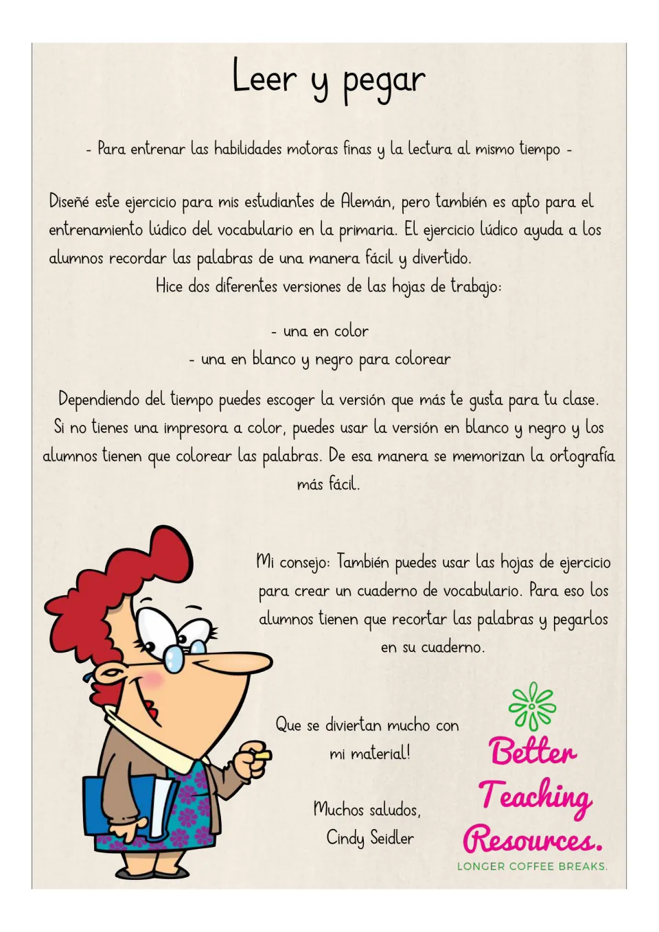 Teacher note in Spanish explaining the read-and-paste activity, its color and black-and-white versions, and a notebook tip