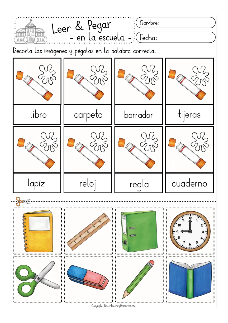 School supplies in Spanish: students cut out 8 color pictures and glue each on its word, such as libro, reloj and regla
