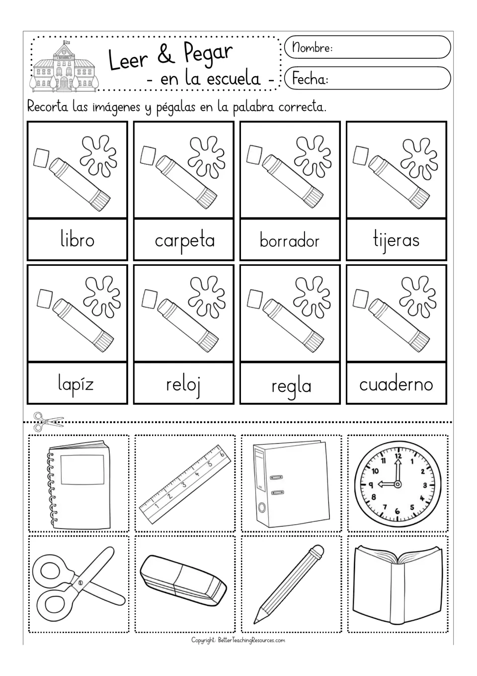 School supplies in Spanish, black and white: students color, cut out and glue pictures onto carpeta, tijeras and cuaderno