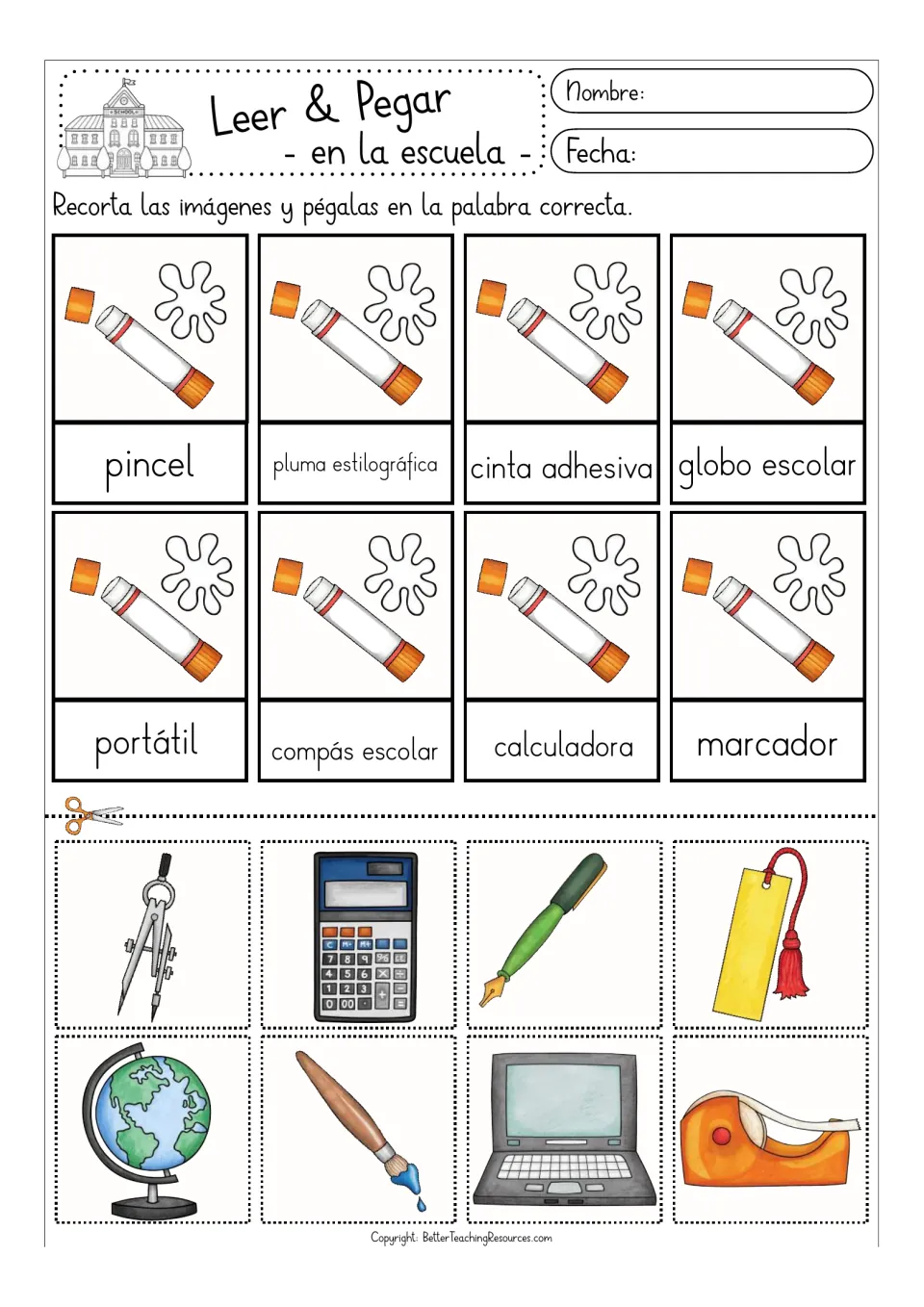 Classroom tools in Spanish: students cut out color pictures and paste on pincel, compás escolar, calculadora and portátil