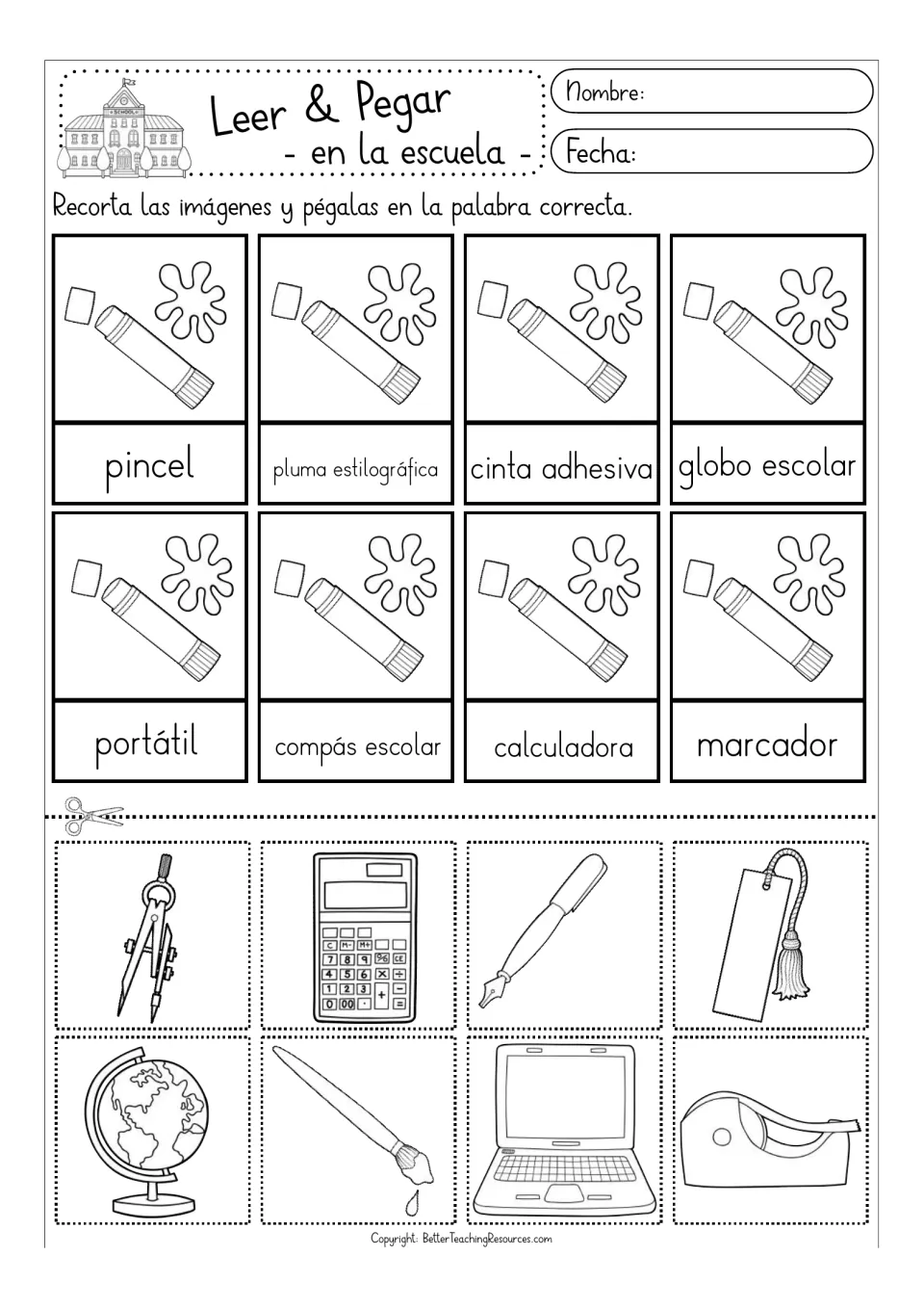 Classroom tools in Spanish, black and white: students glue pictures on cinta adhesiva, globo escolar and marcador