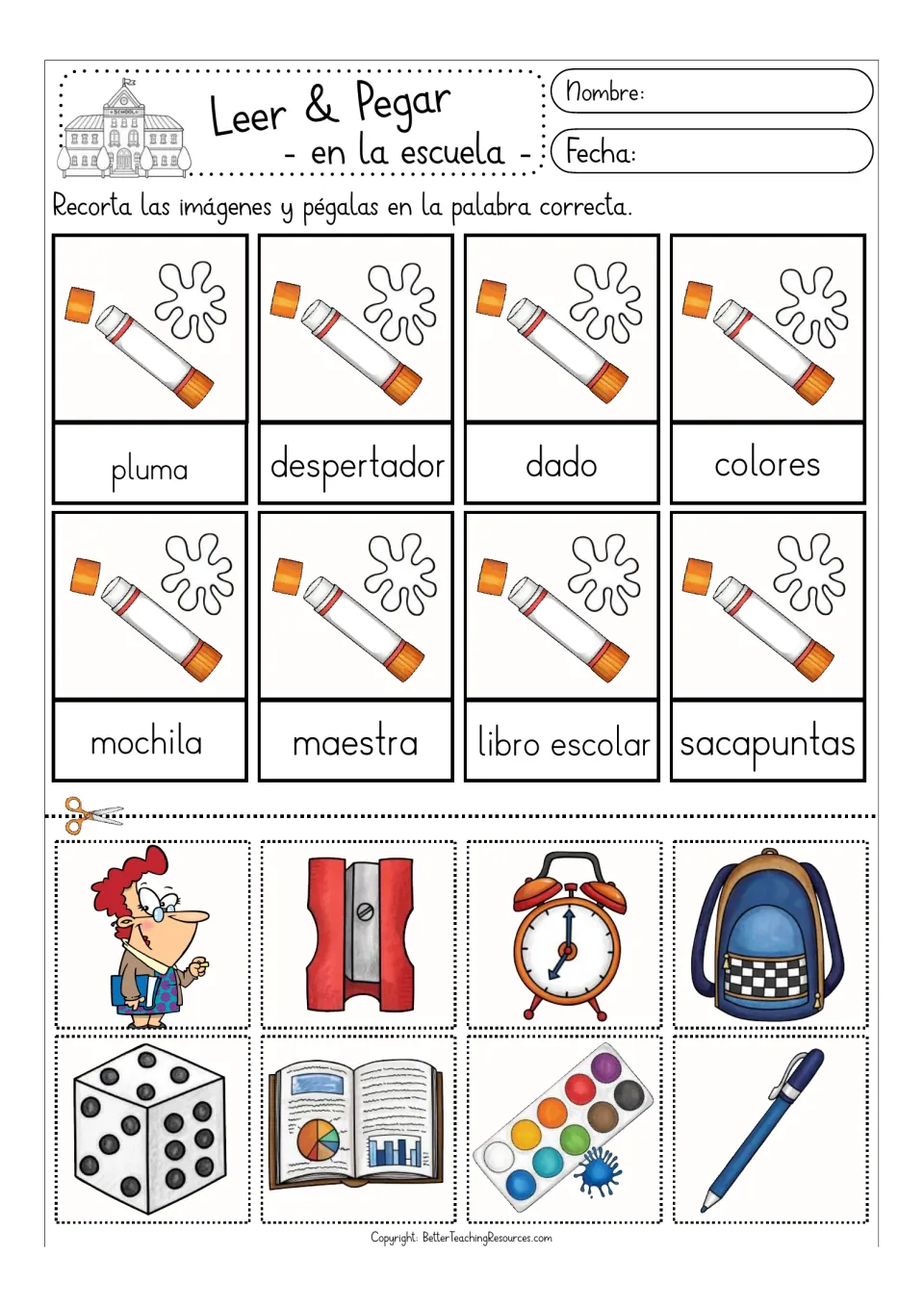 School words in Spanish: students cut out color pictures and glue onto mochila, maestra, dado, despertador and sacapuntas