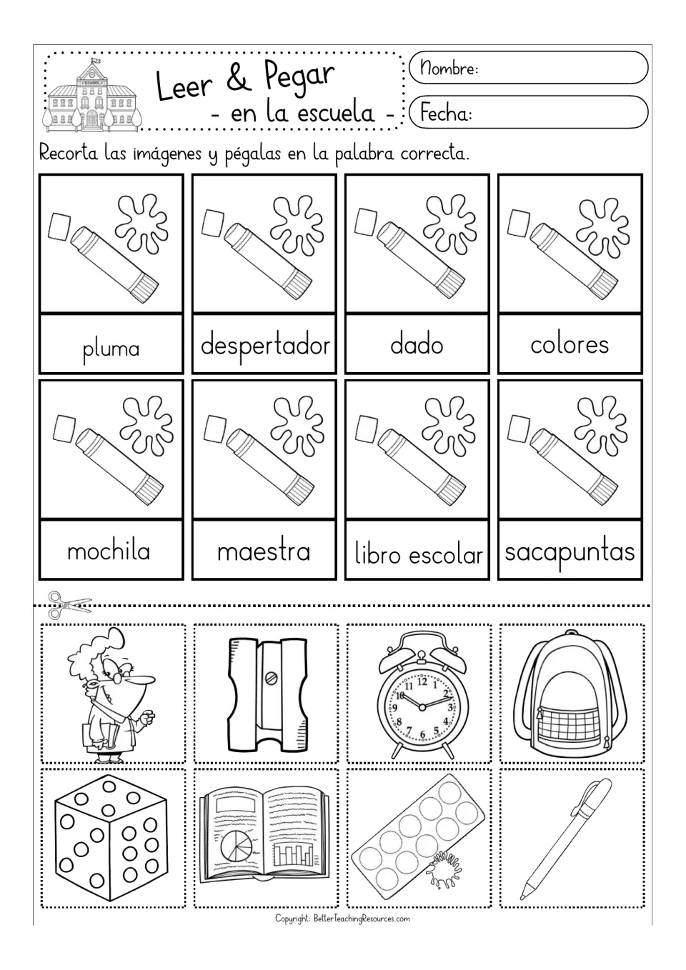 School words in Spanish, black and white: students match pictures of a backpack, die, paint set and pen to their words