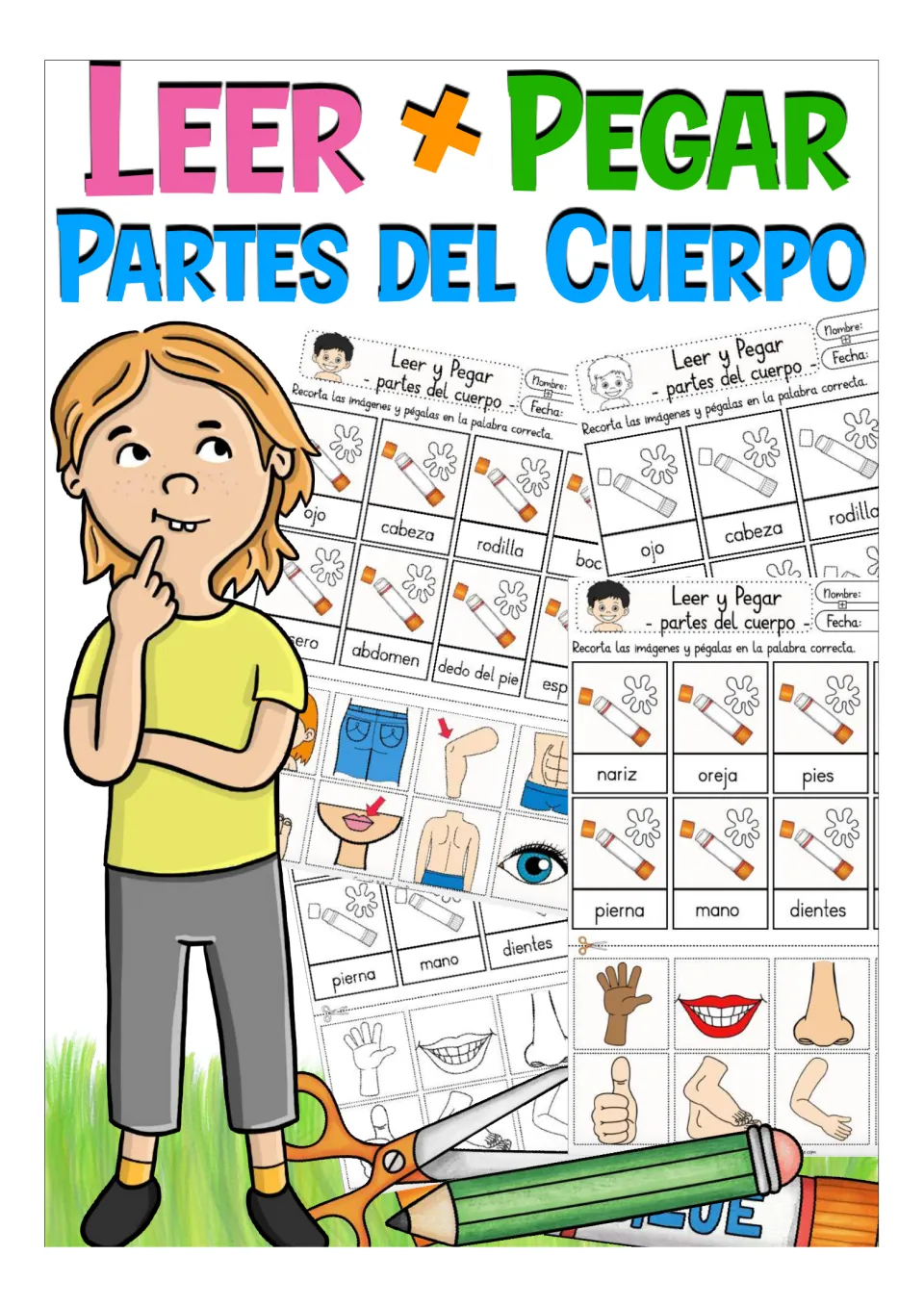 Cover of the Spanish body-parts cut-and-paste resource, titled 'Leer + Pegar Partes del Cuerpo'