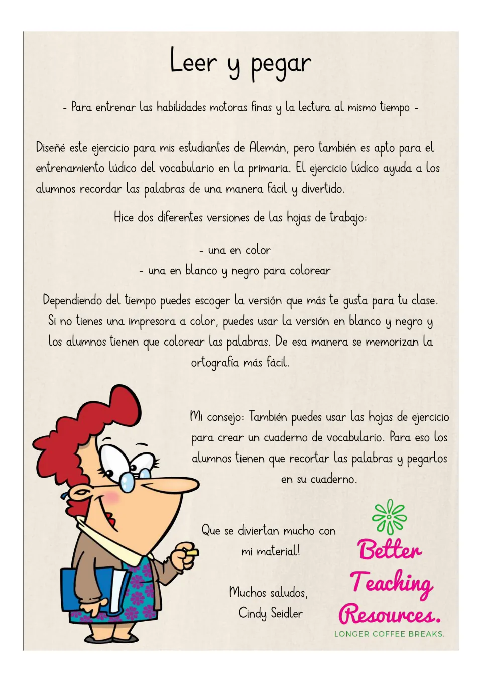 Teacher directions for Spanish vocabulary practice using color or black-and-white cut-and-paste sheets
