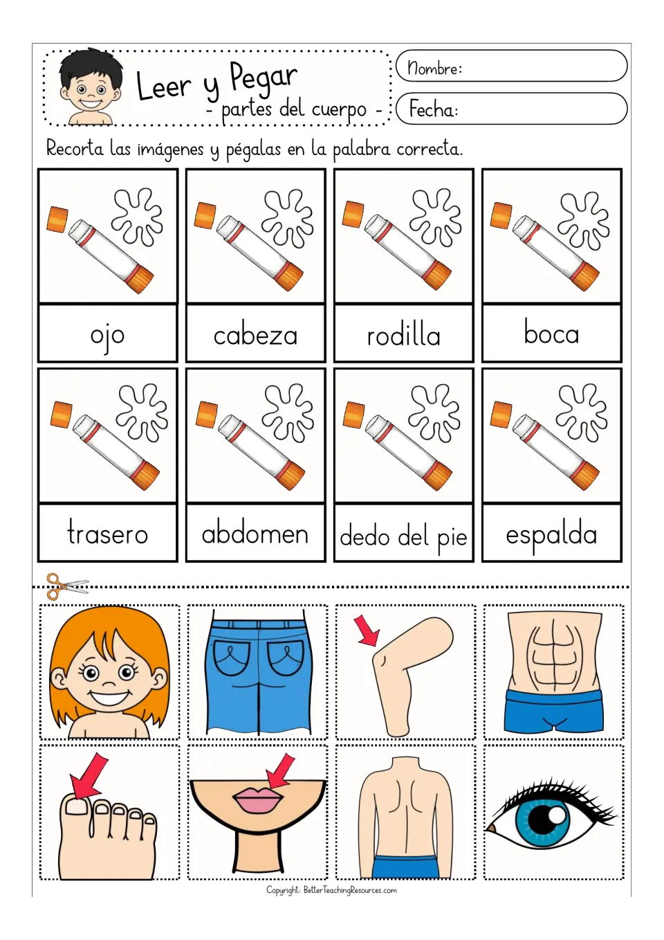 Color matching activity: ojo (eye), cabeza (head), rodilla (knee), boca (mouth) and four more body parts