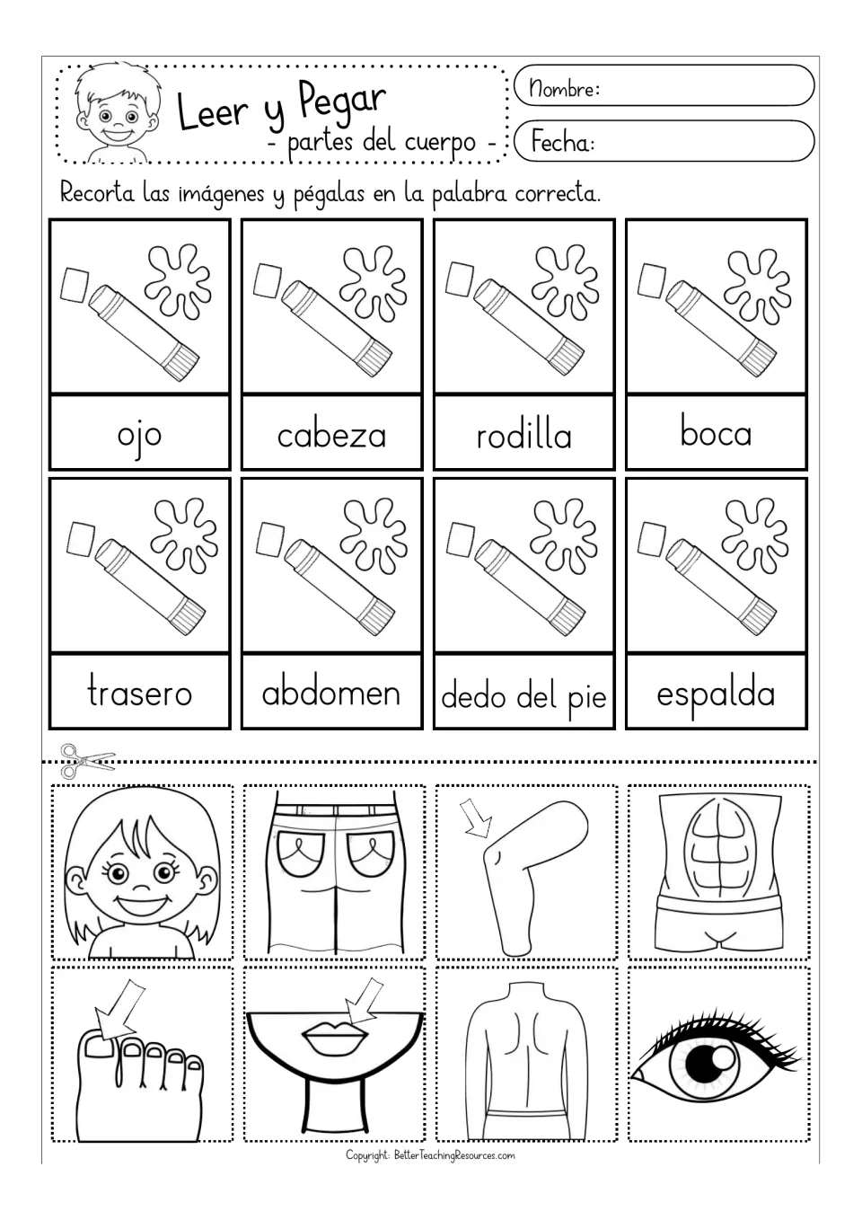 Black-and-white matching activity: ojo (eye), cabeza (head), rodilla (knee) and five more body parts