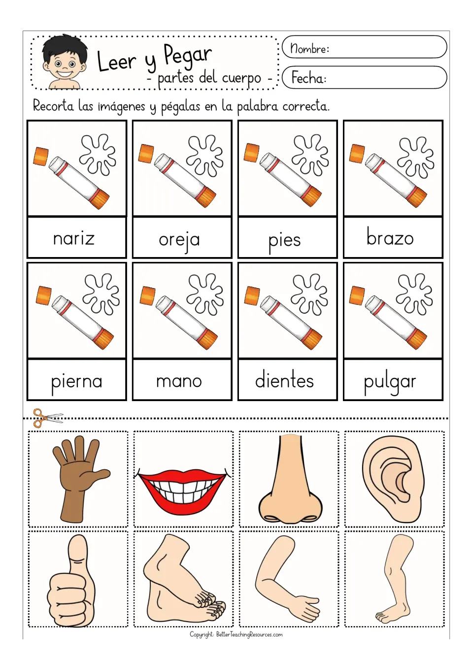 Color matching activity: nariz (nose), oreja (ear), pies (feet), brazo (arm) and four more body parts