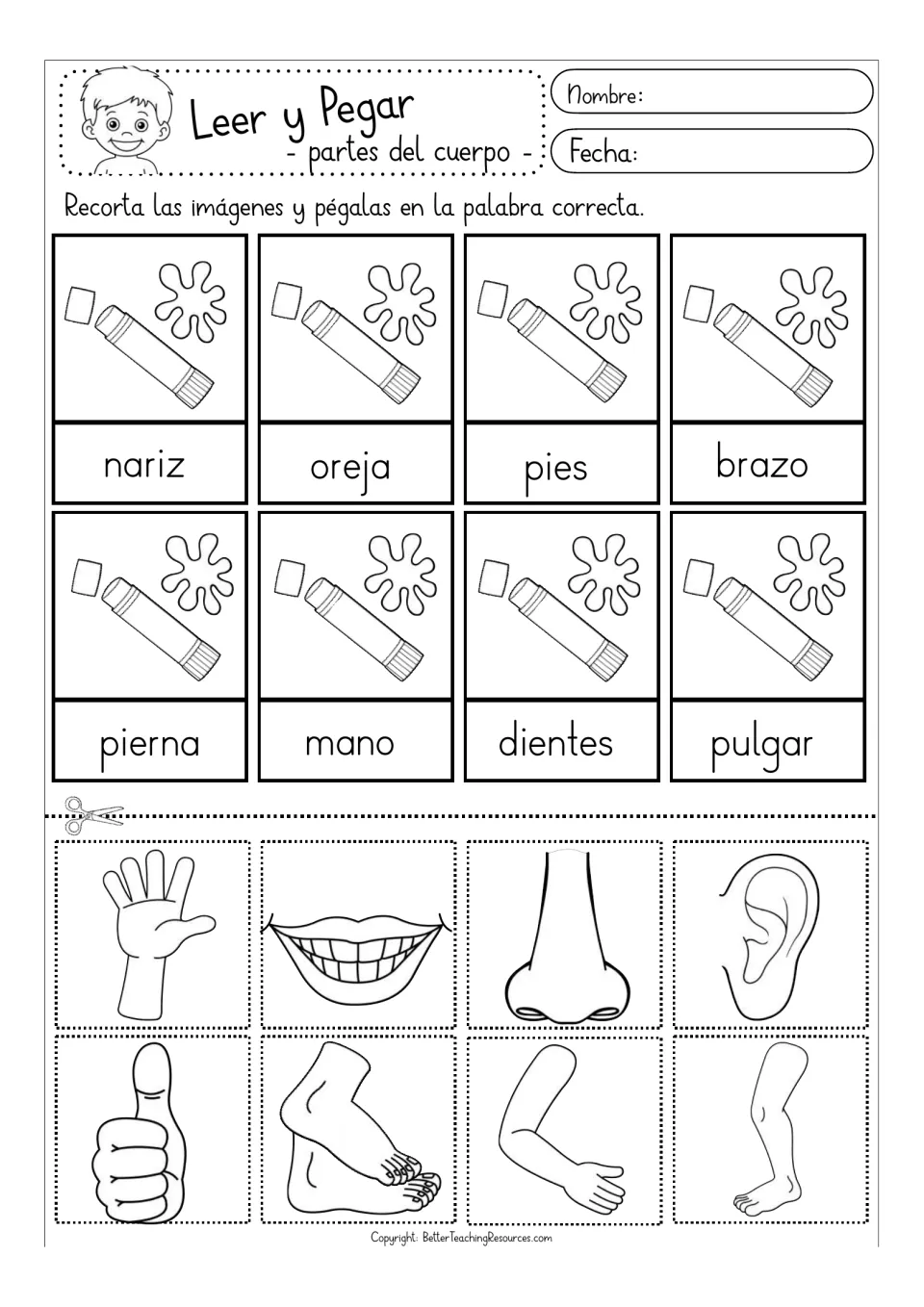 Black-and-white matching activity: nariz (nose), oreja (ear), pies (feet) and five more body parts