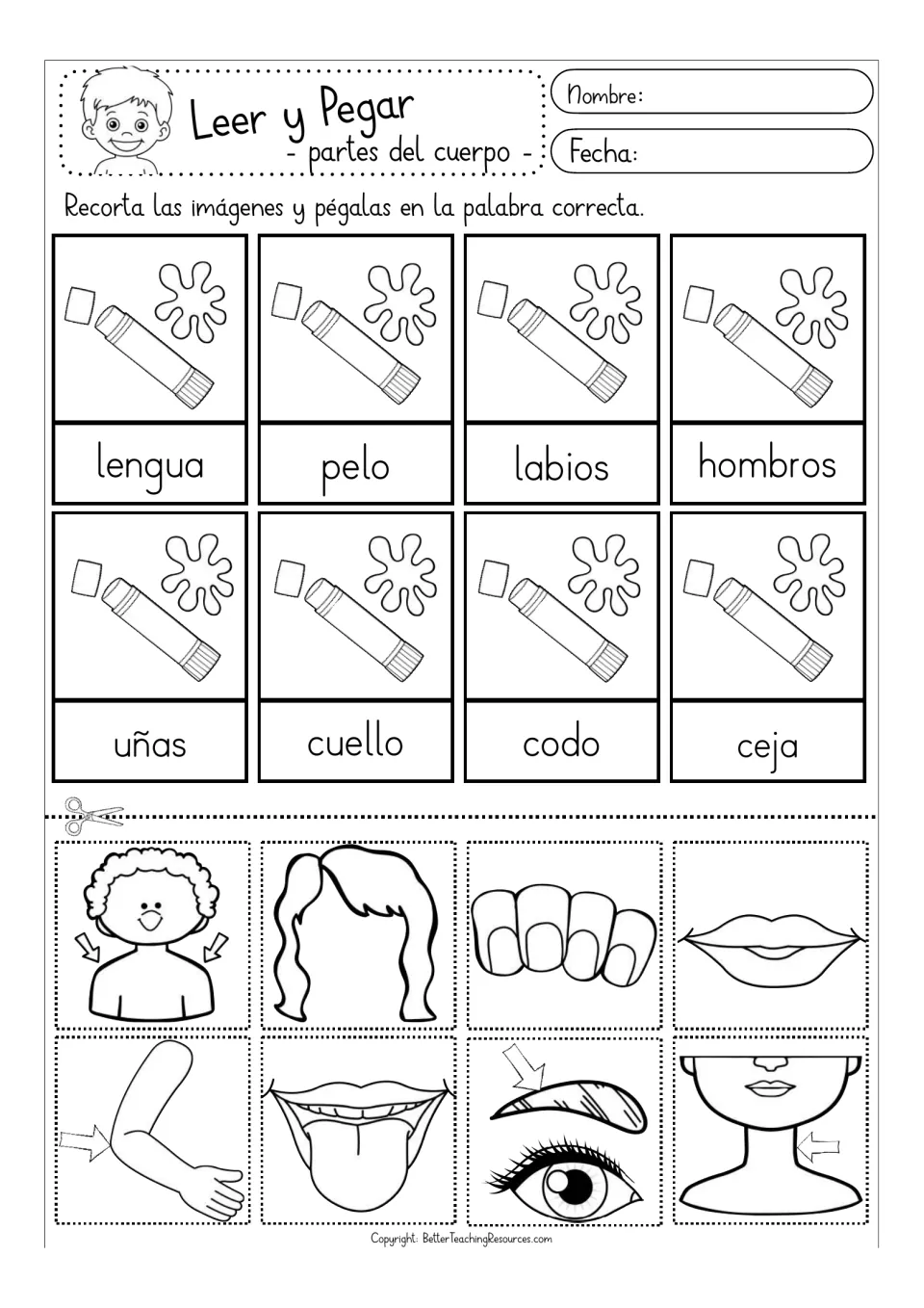 Black-and-white matching activity: lengua (tongue), pelo (hair), labios (lips) and five more body parts