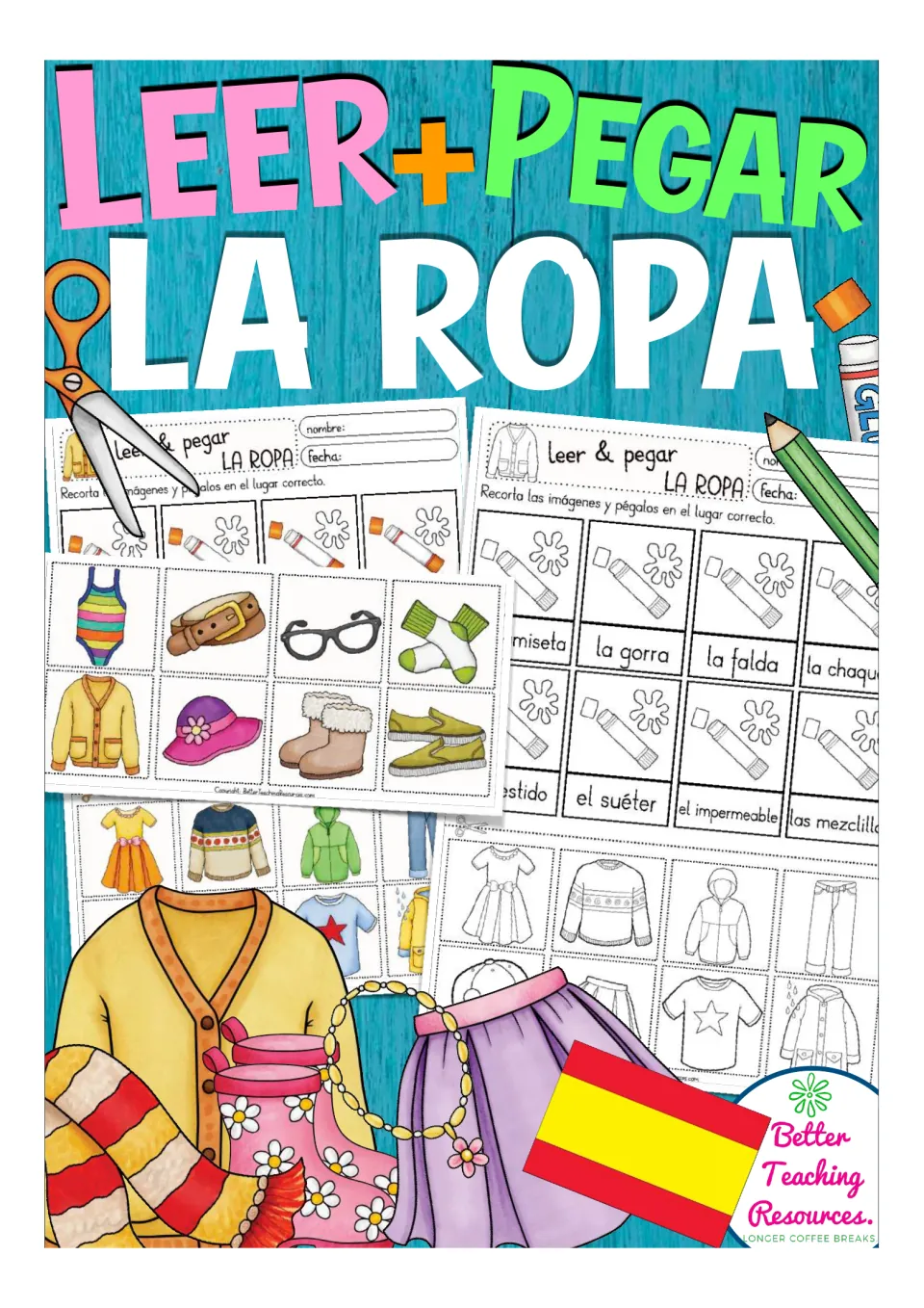 Cover of the Spanish clothing cut-and-paste resource, titled 'Leer + Pegar: La Ropa' (Read + Paste: Clothes)