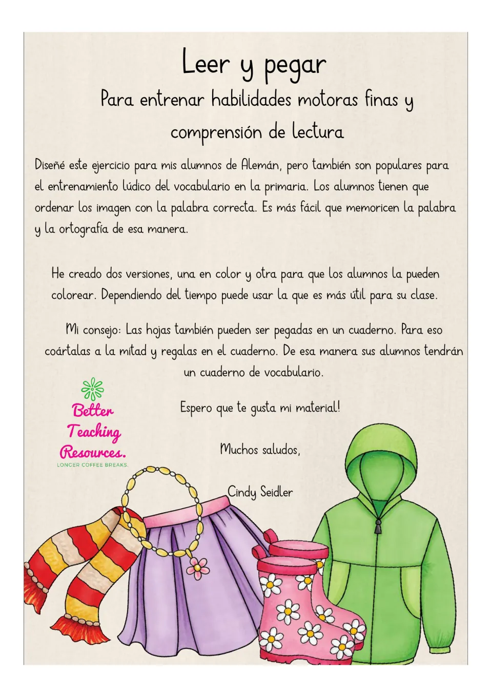 Teacher instructions for matching clothing pictures to words, choosing color versions, and using notebooks